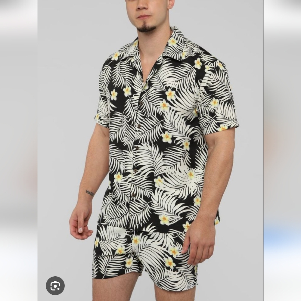 Fashion Nova Monochrome Men's M 2-piece Short Set Button Down Shirt Tropical
